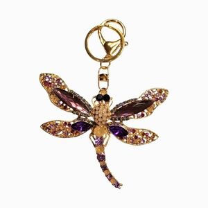Large Dragonfly Purse Charm With Purple Crystals and Gold Hardware